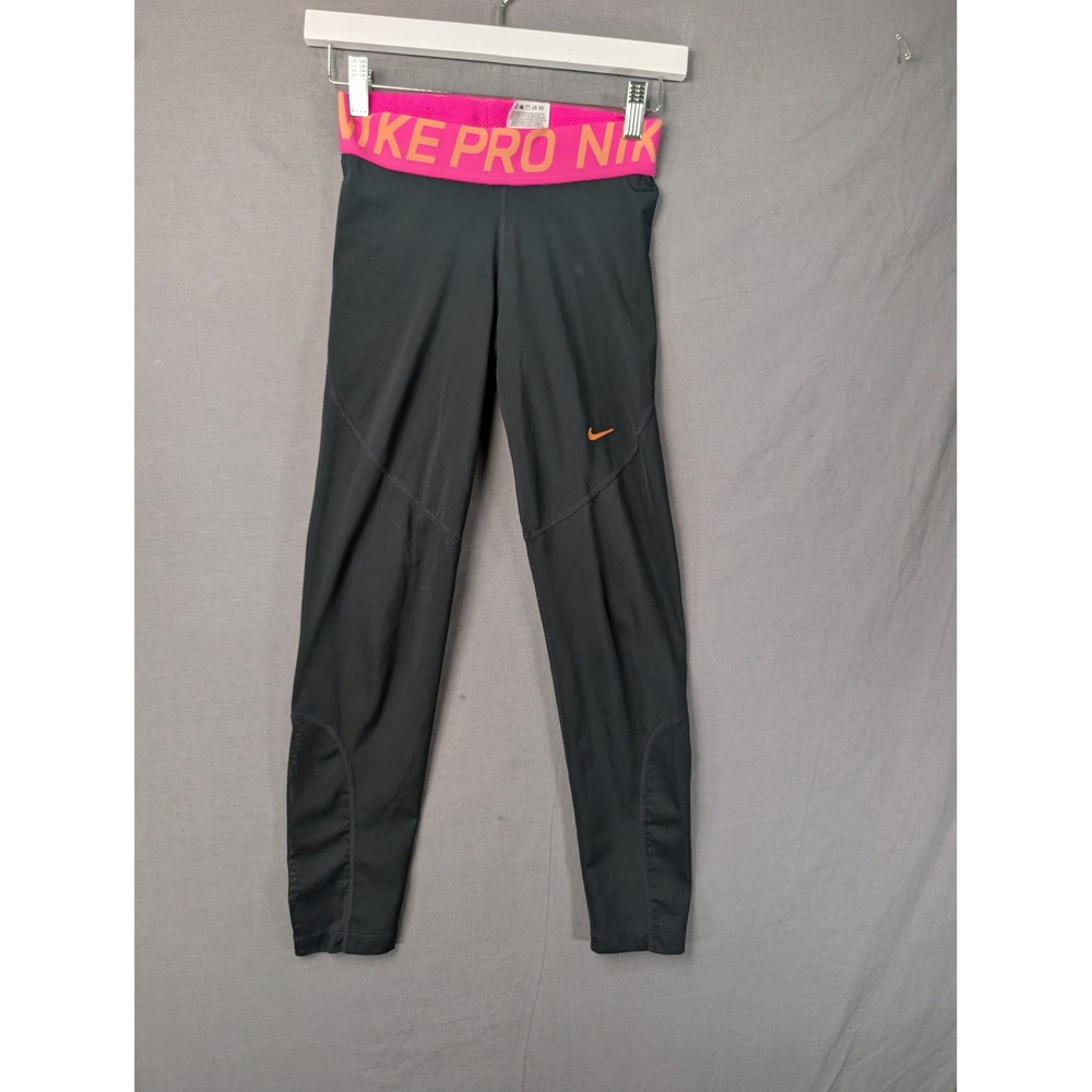 Nike Pro Girls Black Pink Orange Training Leggings Size Small